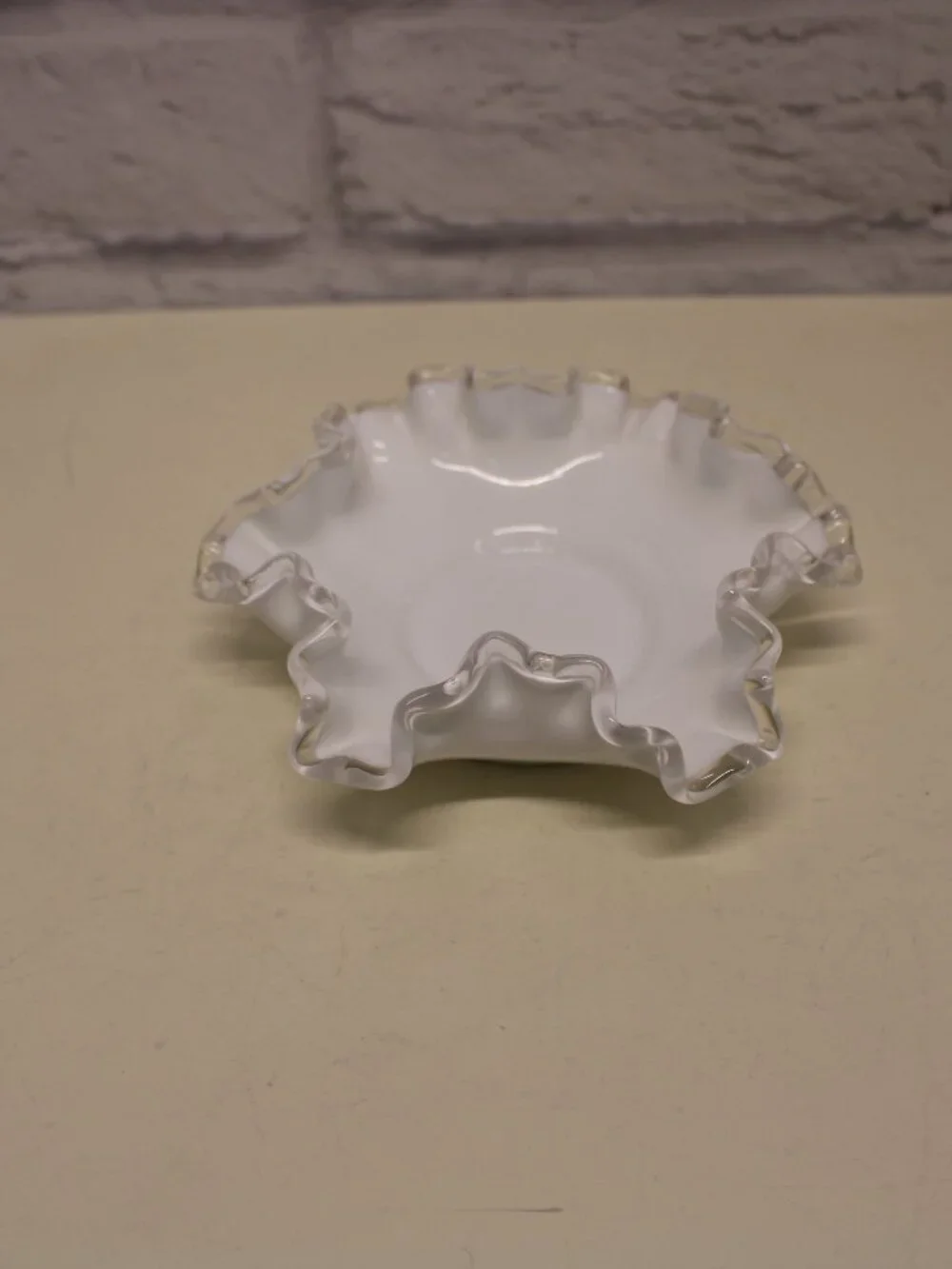Vintage Fenton Silver Crest White Milk Glass Crimped Dish Table Top Candy Dish